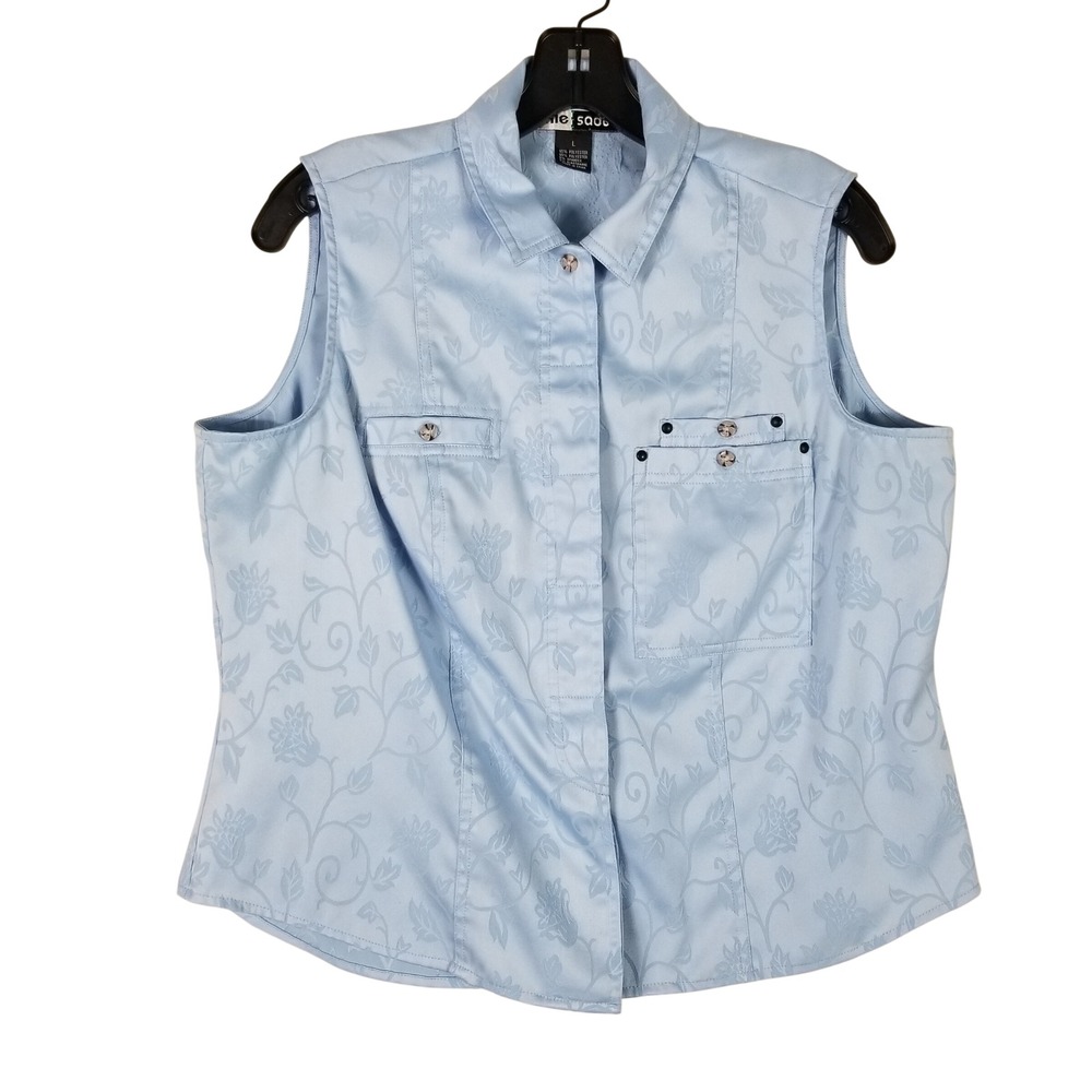 Jamie Sadock Sleeveless Top Women L Blue Floral Jacquard Golf Sporty Button Up